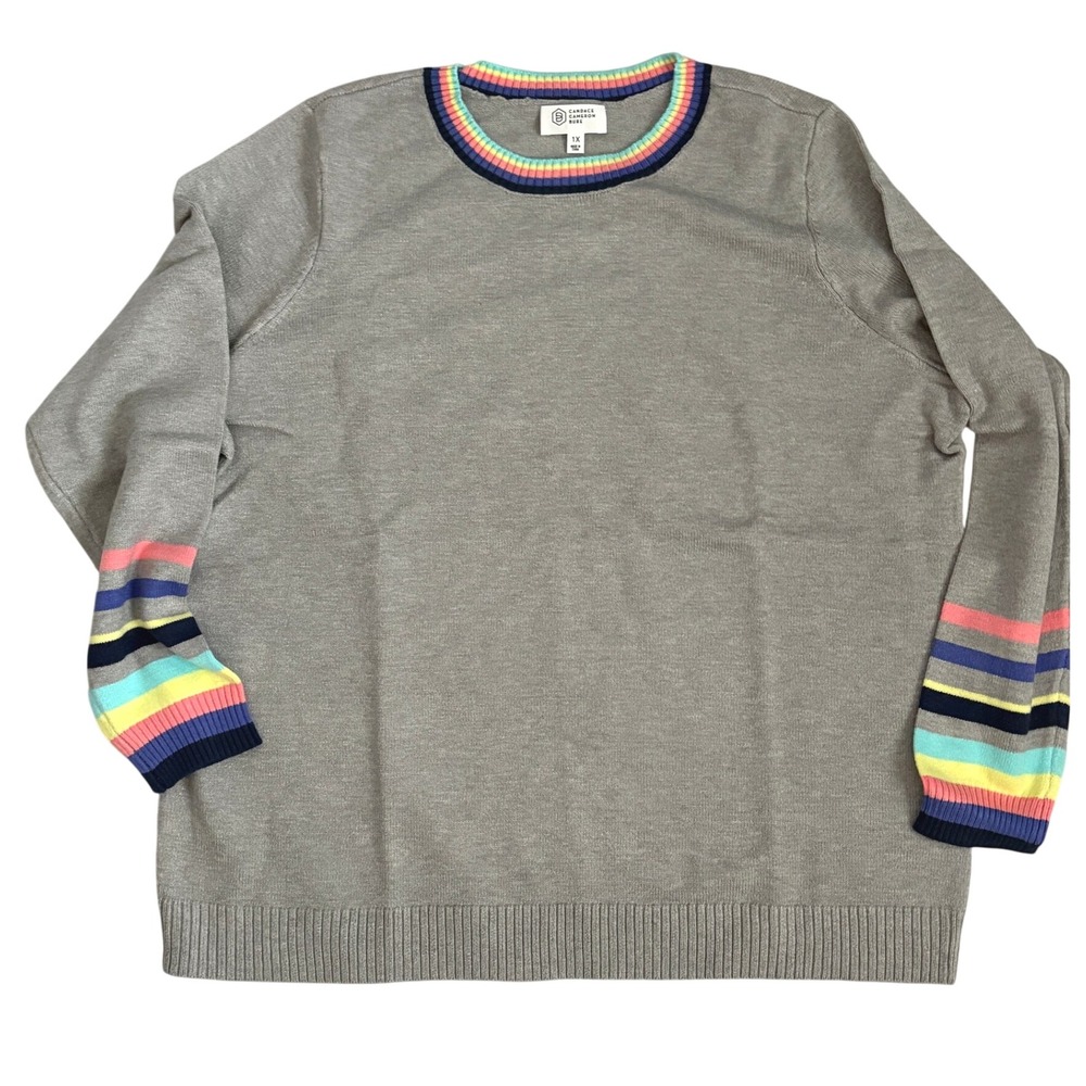 Candace Cameron Bure Rainbow Trim Gray Knit Sweater 1X Pullover Crew Neck